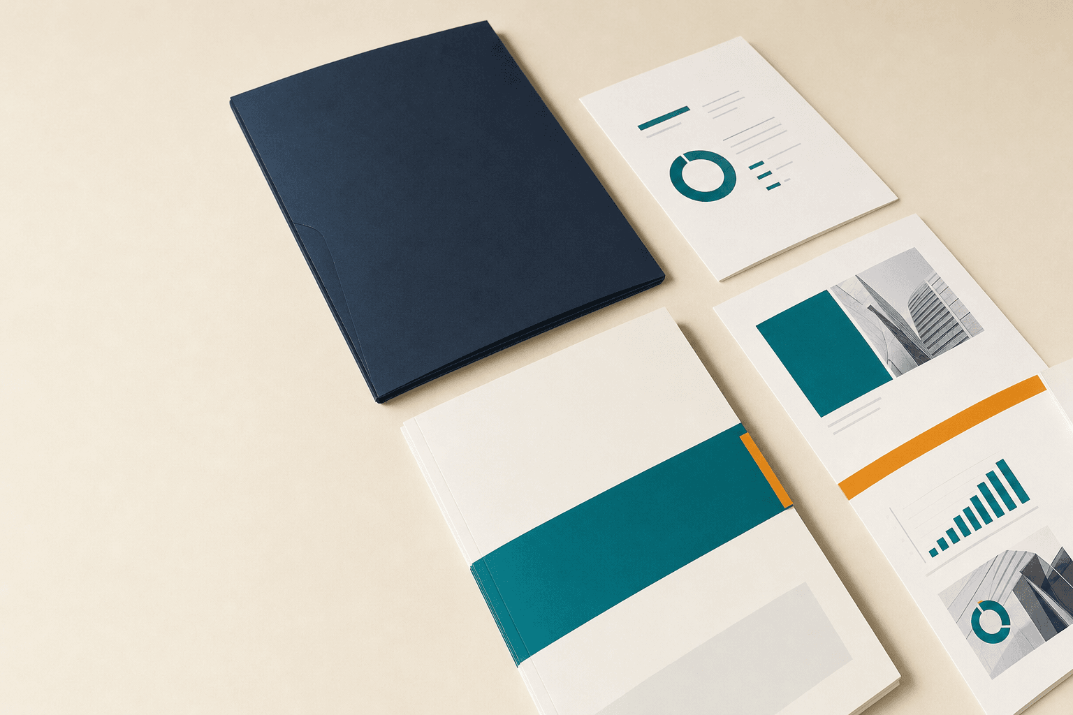Business profile and presentation materials arranged on paper