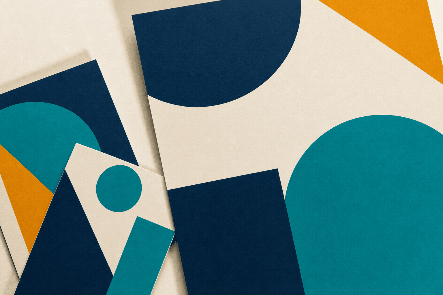 Layered event poster materials in deep navy, teal, and amber