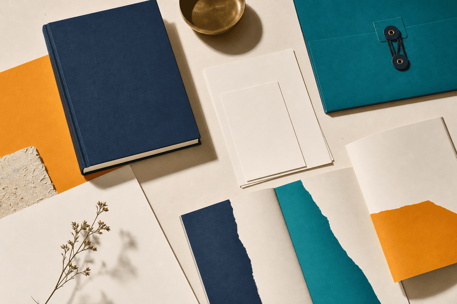 Blank print materials, folders, and a bound book arranged on a warm desk